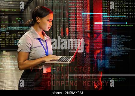 Virus code, laptop or server room in 3d IT engineering, software programming or futuristic cybersecurity hacker. Technology, data center or abstract Stock Photo