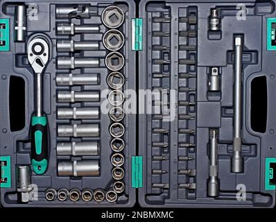 a set of socket wrenches and adapters of different diameters Stock Photo