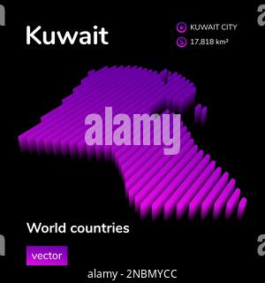 Kuwait 3D map. Stylized neon simple digital isometric striped vector Map of Kuwait is in violet colors on black background Stock Vector