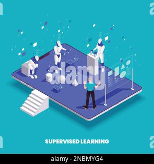 Machine learning deep learning isometric composition with teacher holographic blackboard and cyborgs as pupils on tablet vector illustration Stock Vector