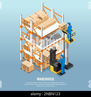 Isometric warehouse interior concept with workers loading cardboard boxes vector illustration Stock Vector