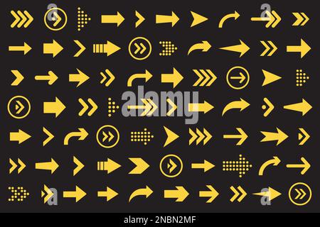 Set of arrows collection in orange color on a black background for website design Stock Vector