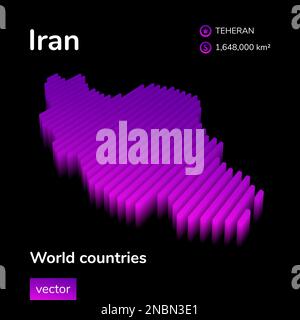 Iran 3D map. Stylized neon simple digital isometric striped vector Map of Iran is in violet colors on black background. Educational banner. Stock Vector