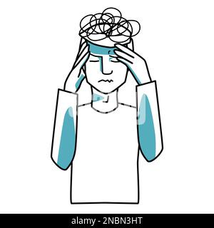 Stressed male character holding hands on his head, man closed his eyes. Stress mood, line art, half body hand drawn sketch style vector. Stock Vector