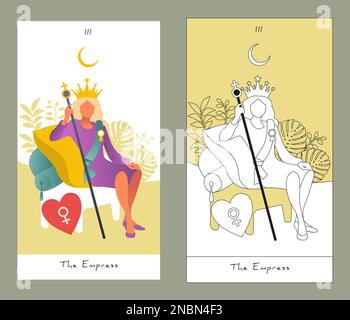 Major Arcana Tarot Cards. Stylized design. The Empress. Woman sitting on a throne wearing a crown. Stock Vector