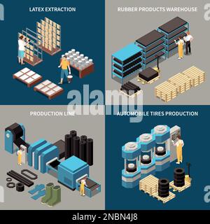 Rubber production technology 2x2 design concept set of latex extraction warehouse production line automobile tires square icons isometric vector illus Stock Vector