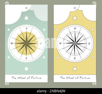 Major Arcana Tarot Cards. Stylized design. The Wheel of Fortune. Compass rose, clouds and stars. Stock Vector