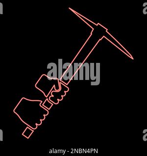 Neon mining pickaxe Mattock pick axe in hand red color vector illustration image flat style light Stock Vector