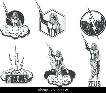 Zeus greek olympian god with lightnings black and white emblems set isolated on white background vector illustration Stock Vector