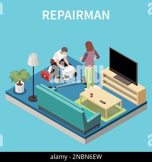 Repairman isometric home background with master invited to repair  faulty appliances vector illustration Stock Vector