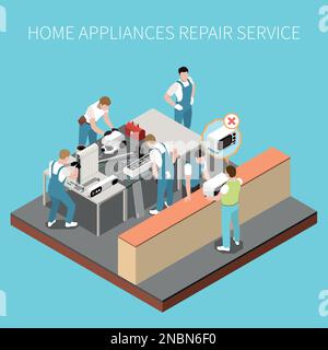 Home appliance repair workshop isometric composition with workers team and male person demonstrated faulty microwave oven vector illustration Stock Vector