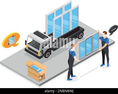 Plastic windows installation isometric composition with workers and transportation van vector illustration Stock Vector