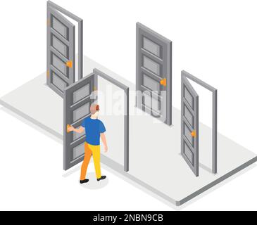Decision making abstract isometric concept with man opening different doors vector illustration Stock Vector