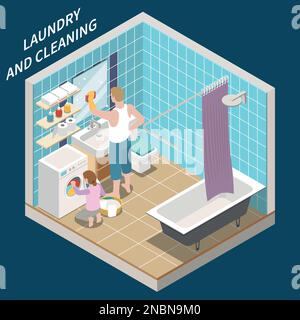 Laundry and cleaning isometric composition with daughter helping to your father with home chores isometric vector illustration Stock Vector