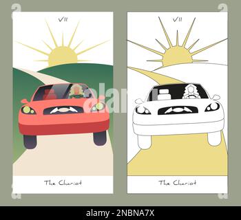 Major Arcana Tarot Cards. Stylized design. The Chariot. Car on the road and sun on the horizon. Stock Vector