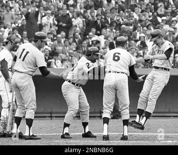 FILE - Detroit Tigers catcher Bill Freehan lifts pitcher Mickey Lolich off  his feet as he screams with joy after defeating the St. Louis Cardinals 4-1  in the final game of the