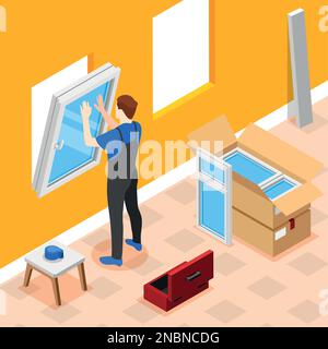 Plastic windows isometric concept with male worker doing indoors installation vector illustration Stock Vector