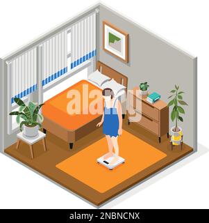 People morning routine isometric composition with woman weight herself ...