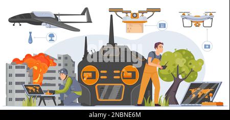 Unmanned aerial vehicles concept with combat symbols flat vector illustration Stock Vector