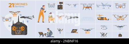 Drones icons set with unmanned aerial vehicles symbols flat isolated ...