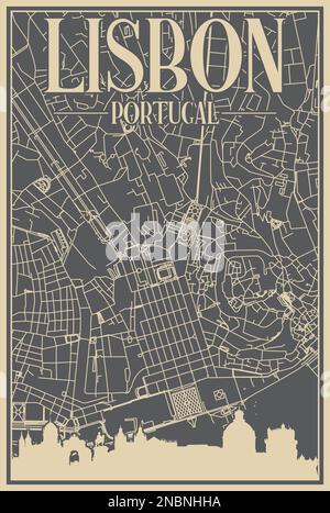 Road network poster of the downtown LISBON, PORTUGAL Stock Vector