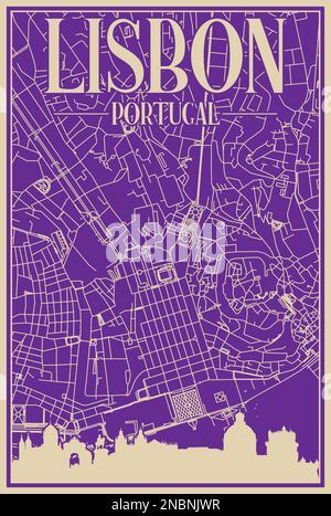 Road network poster of the downtown LISBON, PORTUGAL Stock Vector