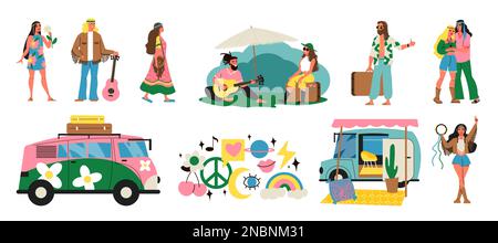 Hippie flat icons set with bohemian people and subculture symbols isolated vector illustration Stock Vector