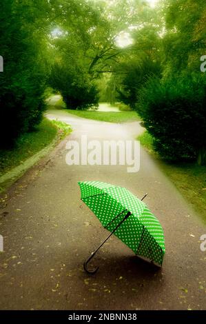 green and white polka dots umbrella lying on the road Stock Photo