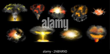 Nuclear bomb explosion effect with smoke and flame realistic set isolated on black background vector illustration Stock Vector