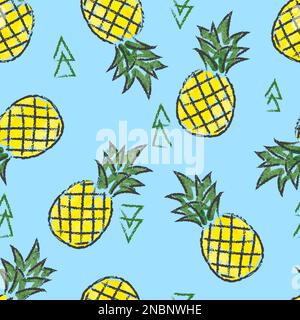 Seamless watercolor bright pineapple pattern. Vector hand drawn fruit background. Stock Vector