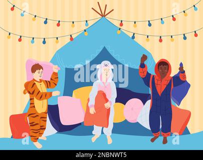 Pyjama party flat concept with kids in costumes of animals and superheroes vector illustration Stock Vector