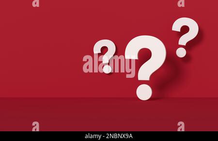 Three white question marks in front of a red wall background. 3D rendering. Stock Photo