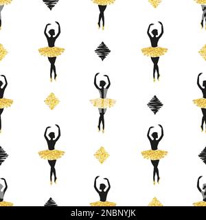 Seamless pattern with dancing ballerinas. Vector illustration in black and golden colors. Stock Vector