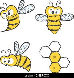 Cute bee vector set. Doodle illustration of bees and honeycombs. Stock Vector