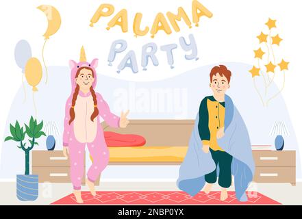 Pyjama party flat concept with happy kids in nightwear and blankets vector illustration Stock Vector
