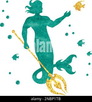 Watercolor merman silhouette. Vector illustration of male mermaid. Stock Vector