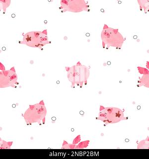 Seamless cute pigs pattern for kids design. Vector watercolor cartoon piggy background. Stock Vector