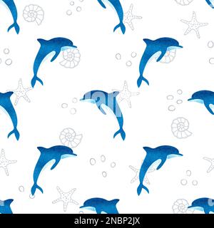 Seamless watercolor dolphins pattern. Vector marine background. Stock Vector