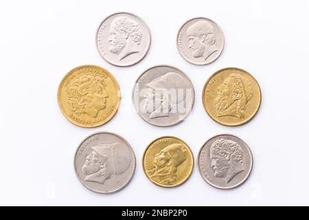 Ancient Greek coins from the 1980s. Greek money Stock Photo