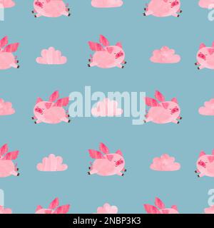 Cute watercolor flying pigs seamless pattern. Valentines day vector background. Stock Vector