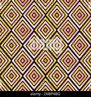 Seamless rhombus geometric pattern in pink and golden colors. Watercolor vector striped background for textile design. Stock Vector