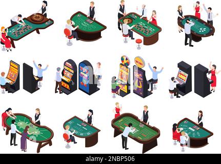 Casino isometric set with isolated views of gaming tables with cards chips roulette dealers and slots vector illustration Stock Vector
