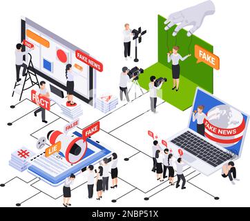 Fake news disinformation propaganda isometric composition with human ...