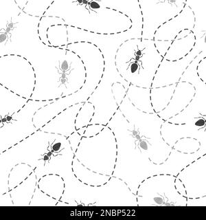 Watercolor ants with traces seamless pattern. Vector monochrome background. Stock Vector