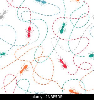 Seamless watercolor ants with traces pattern. Vector background. Stock Vector