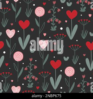 Heart shaped doodle flower seamless pattern in Scandinavian style. Lollipop Valentine garden. Cartoon vector illustration isolated on dark background. Stock Vector
