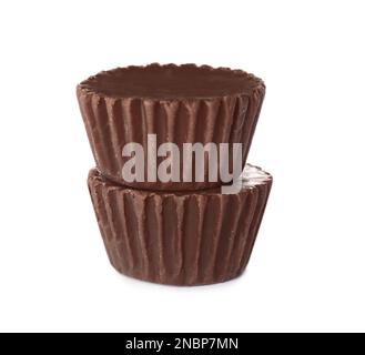 Sweet peanut butter cups isolated on white Stock Photo