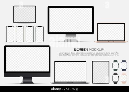 Computer monitor, laptop, tablet, smartphone and smart watch with blank screen. Mockup of screen device Stock Vector