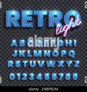 Retro light transparent background with illuminated blue latin alphabet and numbers realistic vector illustration Stock Vector