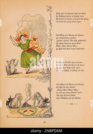 Die gar traurige Geschichte mit dem Feuerzeug - The really sad story with the lighter from the original German Version of the book ' Das Struwwelpeter-album : aus Bilderbüchern ' by Hoffmann, Heinrich, 1809-1894 Publication date 1900 Publisher Frankfurt am Main : Rütten & Loening [ Der Struwwelpeter ('shock-headed Peter' or 'Shaggy Peter') is an 1845 German children's book by Heinrich Hoffmann. It comprises ten illustrated and rhymed stories, mostly about children. Each has a clear moral that demonstrates the disastrous consequences of misbehavior in an exaggerated way.[1] The title of the fir Stock Photo